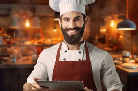 Ein Mann Mit Kochmütze Hält Selbstbewusst Ein Tablet In Der Hand