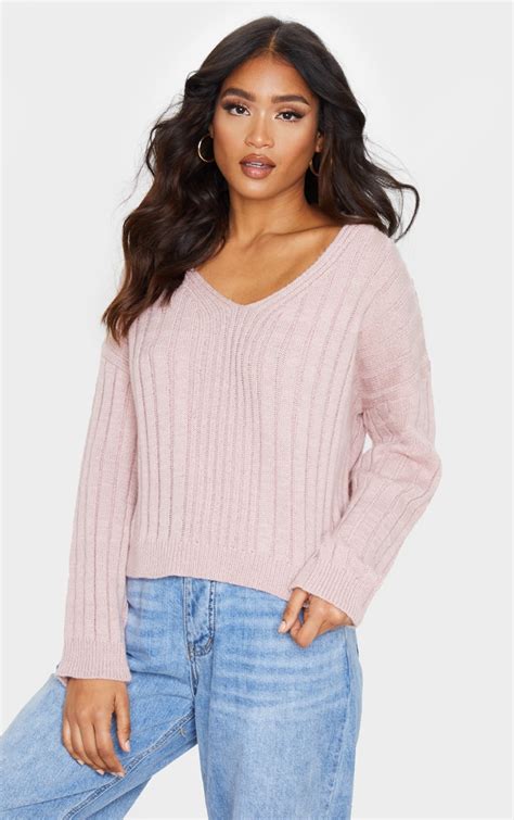 Blush Soft Knit Ribbed V Neck Jumper Prettylittlething