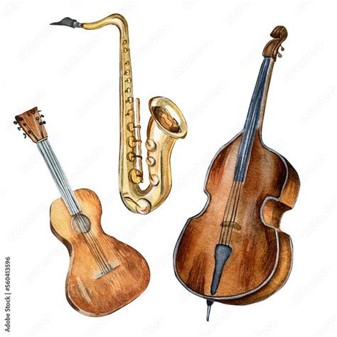 Guitar Saxophone Contrabass Musical Instruments Watercolor