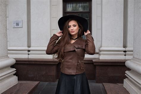 Download Brunette Long Hair Hat Leather Jacket Woman Model Hd Wallpaper