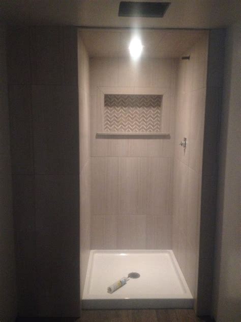 12x24 Vertical Stack Shower With Gray Linear Tile Bath Redo Bathroom