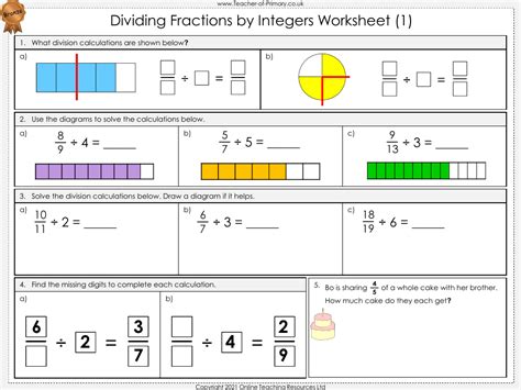 Dividing Fractions By Integers Worksheet Maths Year 6