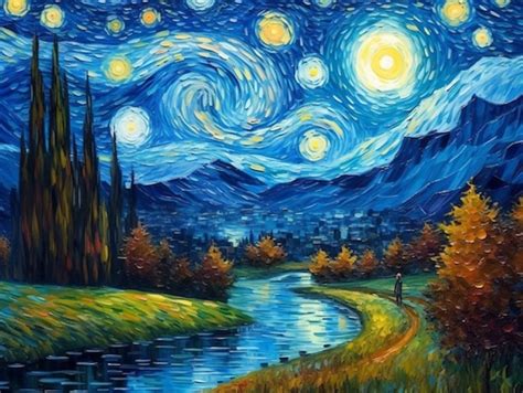 Uma Pintura De Um C U Noturno Estrelado A Pintura De Um Rio E Um