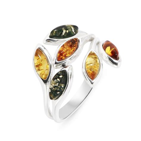 Bague Ambre Multicolore Sur Argent 925 Ref 42455