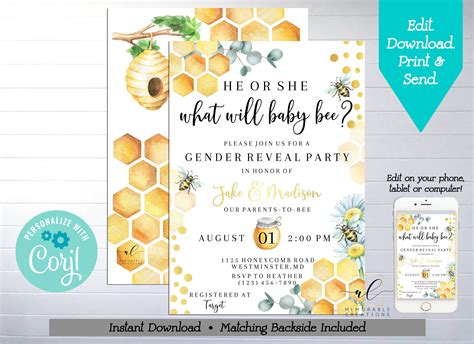 Honey Bee Gender Reveal Party Printable Invitation Edit Etsy Bee