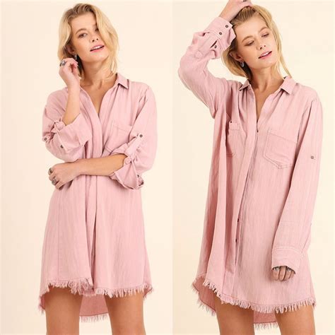 Umgee Blush Pink Washed Button Up Shirt Dress With Frayed Hem Roll Up