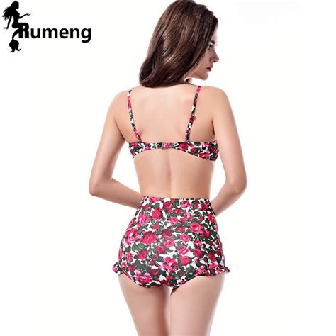 RUMENG Bikini Set Bandeau bikini negro Push up traje de baño Talle alto