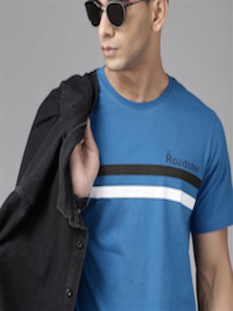 Buy Roadster Men Blue White Striped Pure Cotton T Shirt Tshirts For