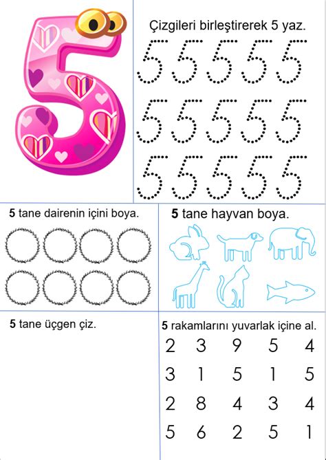 5 Rakamını Öğreniyorum Okul Öncesi Çalışma Sayfası Etkinliklerim