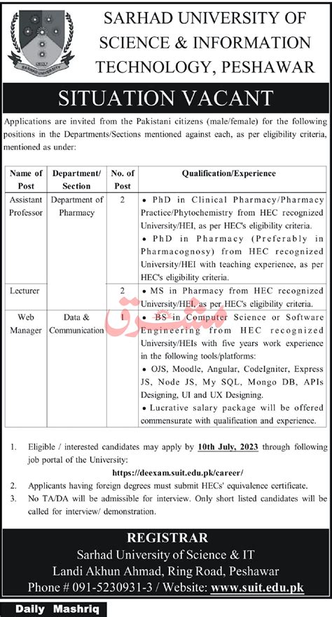 Sarhad University Suit Peshawar Jobs 2023 For Lecturers 2024 Job