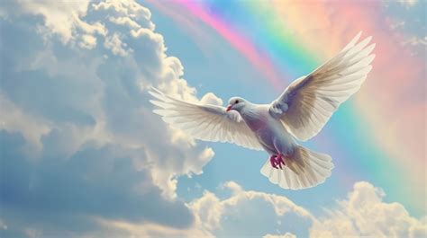 Premium Photo | White dove soaring against clouds with rainbow backdrop ...