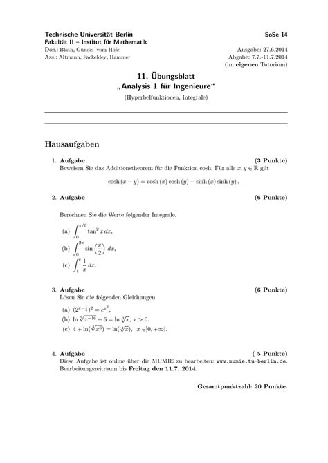 Uebungsblatt Aufgaben Analysis Fuer Ingenieure Sose