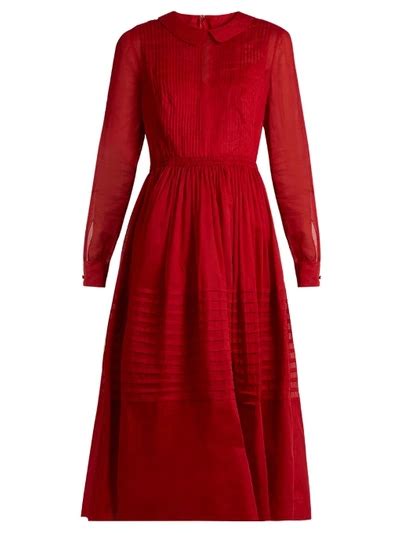 Valentino Long Sleeved Pleated Cotton Organza Dress In Red Modesens