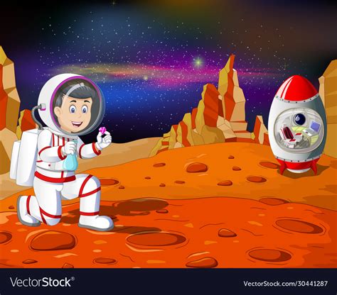 Astronaut Man In Red White Suit With Rocket Vector Image