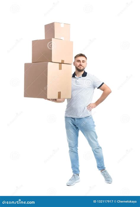 Full Length Portrait Of Young Man Holding Carton Boxes Stock Image