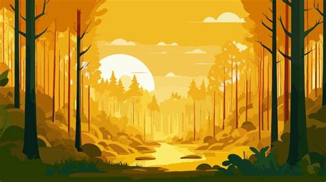 Картина заката в лесной векторной иллюстрации 2d | Премиум векторы