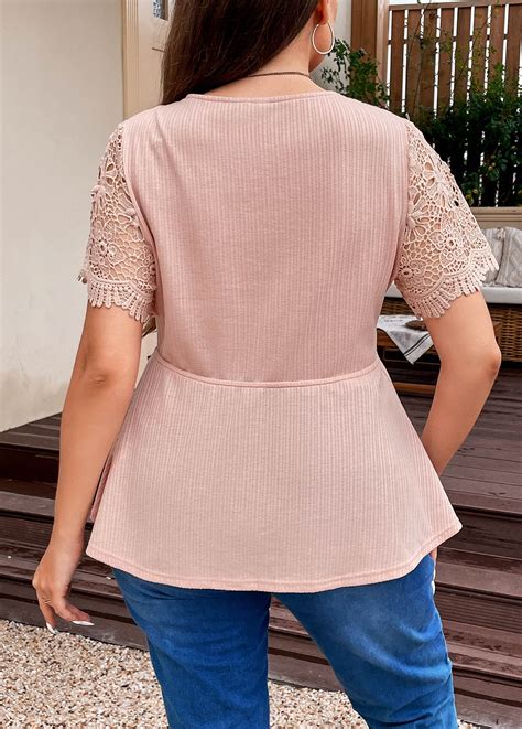 Pink Plus Size Patchwork Short Sleeve Blouse Rosewe Usd