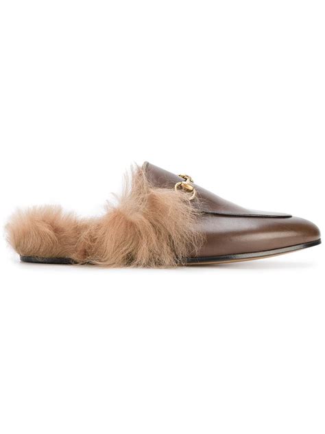 Gucci Princetown Fur Lined Mules In Brown Lyst