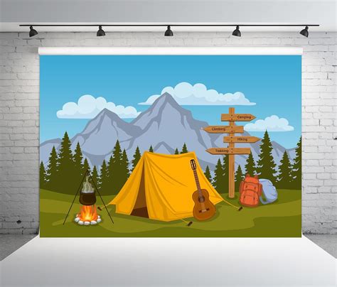 Beleco Cartoon Camping Backdrop X Ft Fabric Forest And Mountain