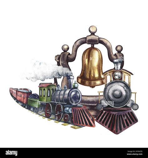 Vintage Steam Locomotives And A Steam Locomotive Bell Watercolor