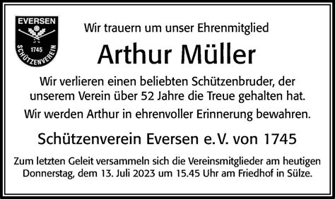 Traueranzeigen von Arthur Müller Trauerportal der Celleschen Zeitung