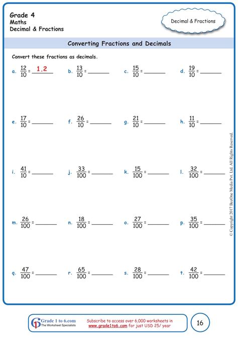 4th Grade Fraction And Decimal Worksheets