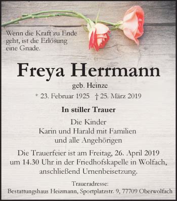 Traueranzeigen von Freya Herrmann Schwarzwälder Bote Trauer