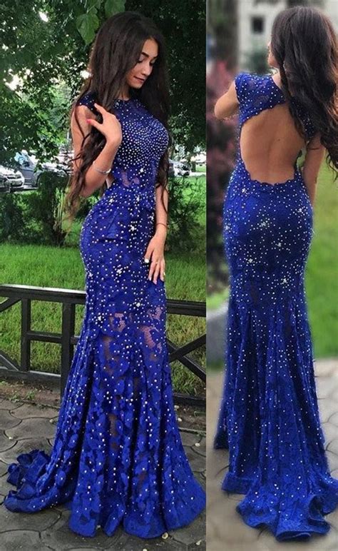 Sparkly Royal Blue Lace Beaded Long Mermaid Backless Prom Dresses