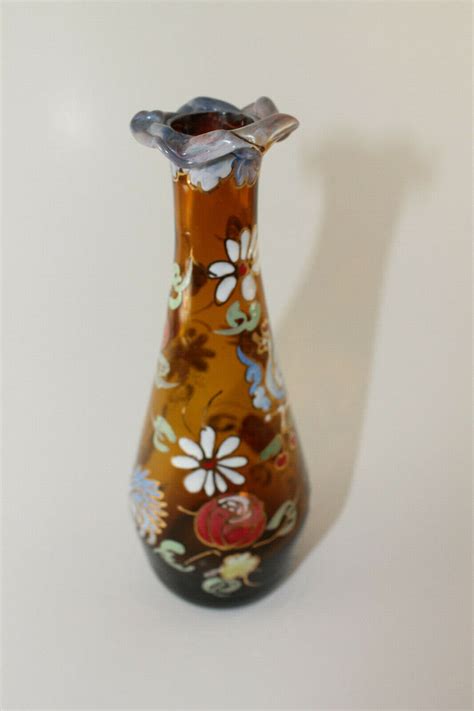 Vintage Royo Spain Art Glass Amber Enameled Hand Blown And Painted Bud Vase Ebay