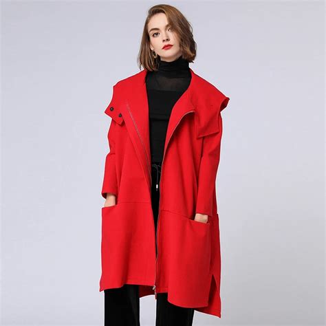 4xl Trench Coat Plus Size Woman 2018 Red Black Hooded Big Pocket Split