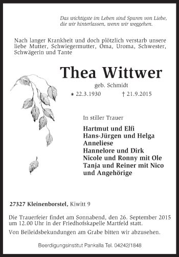 Traueranzeigen Von Thea Wittwer Trauer Kreiszeitung De