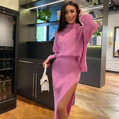 Oversized Turtleneck Sweater High Split Midi Skirt Matching Set Pink