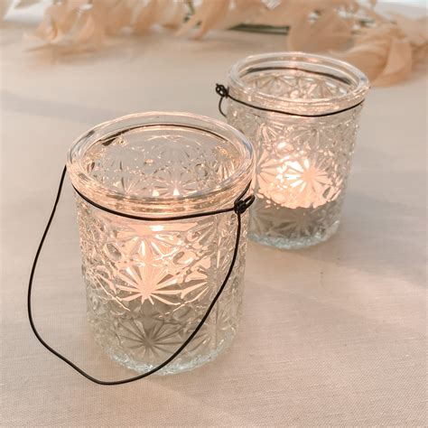 Textured Pressed Glass Tea Light Holders With Wire Hanger Set Of 2 The Wedding Of My Dreams