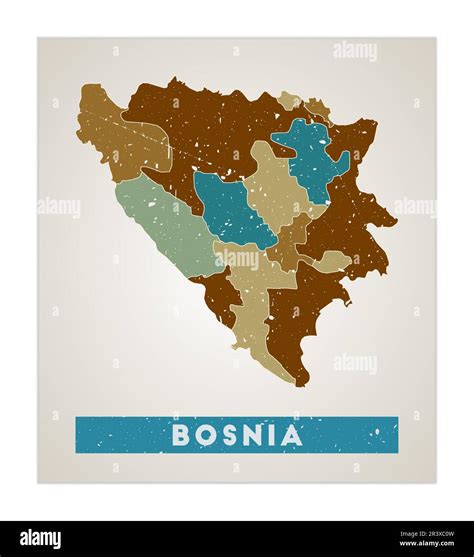 Bosnia mapa Cartel de país con regiones Vieja textura grunge Forma