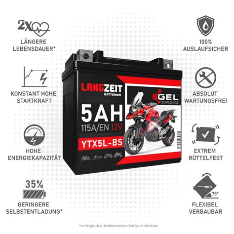 LANGZEIT YTX5L BS Motorradbatterie GEL 12V 5Ah 50412 CTX4L 4 YTX5L 4