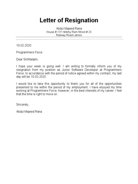 Board Resignation Letter Pdf