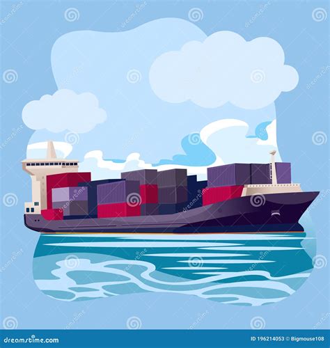 Cartoon Color Cargo Ship In Sea Port Landscape Scene Concept Vector