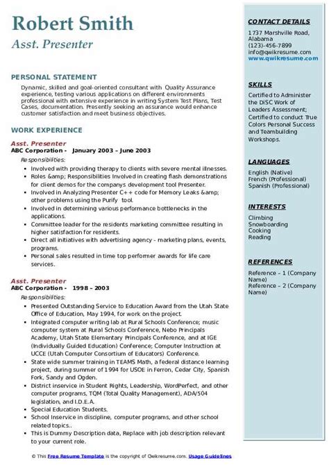 Presenter Resume Samples | QwikResume