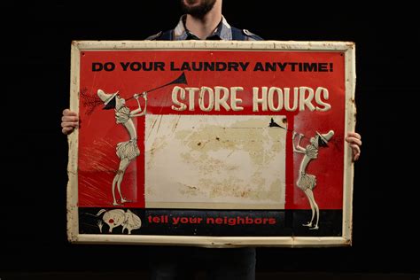 Vintage Laundromat Store Hours Embossed Tin Sign – Industrial Artifacts