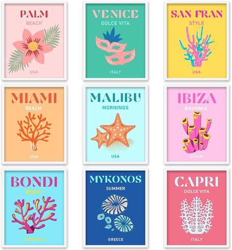 Whaline 9pcs Preppy Travel Wall Art Prints Colorful