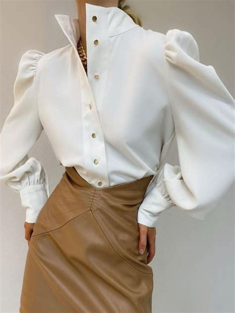 Stylewe Long Sleeve White Women Blouses And Shirts Stand Collar Twill