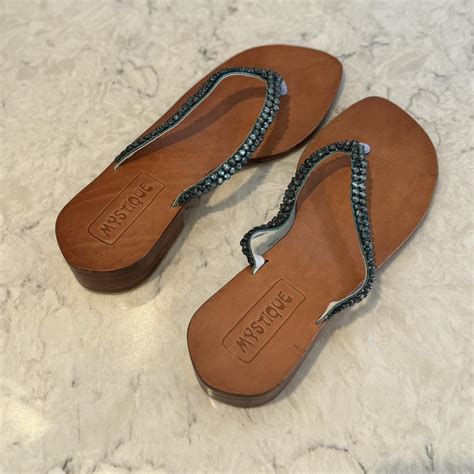 Mystique Leather Thong Sandal With Blue Rhinestone Depop