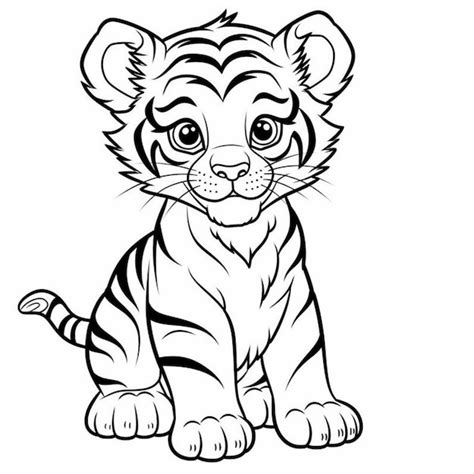 Um Filhote De Tigre De Desenho Animado Sentado Os Olhos Abertos Ai