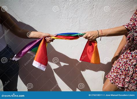 Detalle De La Bandera Gay En Cada Extremo A Manos De Dos Mujeres Lesbianas Concepto Orgullo Gay