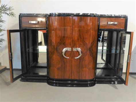 Art Deco Sideboard Mit Vitrinen In Walnuss Und Schwarzem Hochglanz