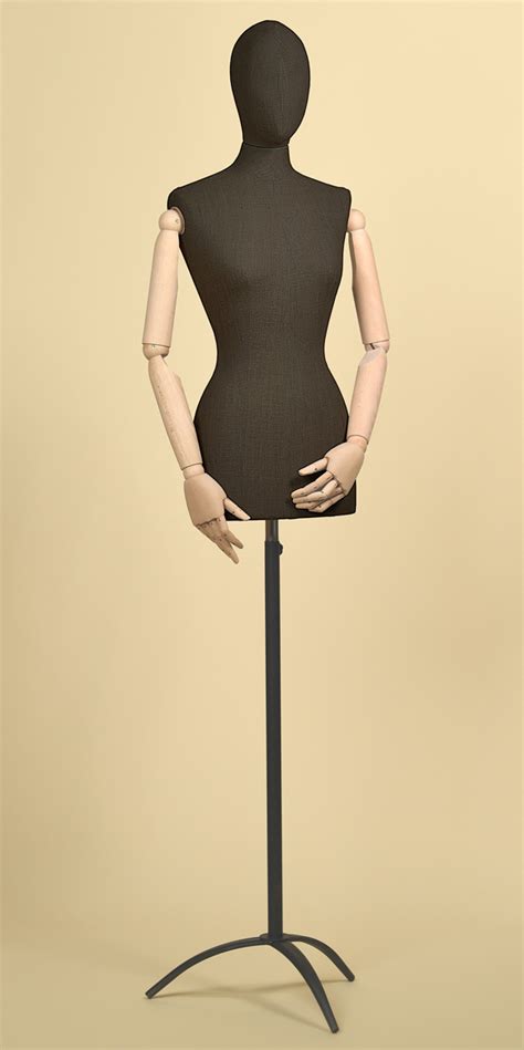 Female Tailors Dummy In Black Cotton With Beechwood Arms And Tripod