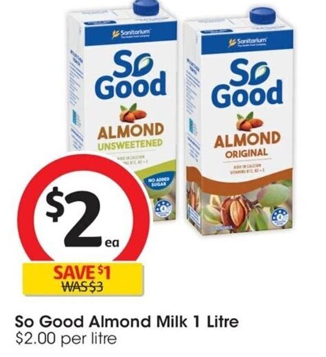 So Good Almond Milk 1 Litre Offer At Coles