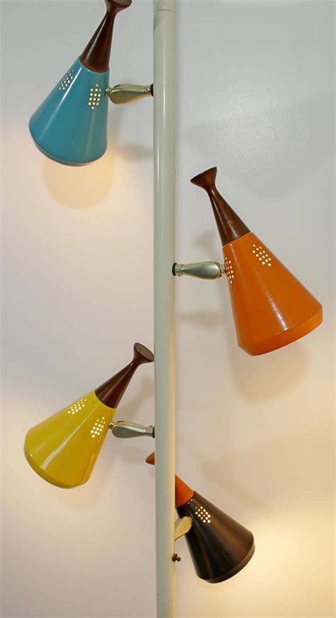 Mid Century Modern Retro Tension Pole Lamp With 4 Colored Metal And Wood Cones At 1stdibs Mid