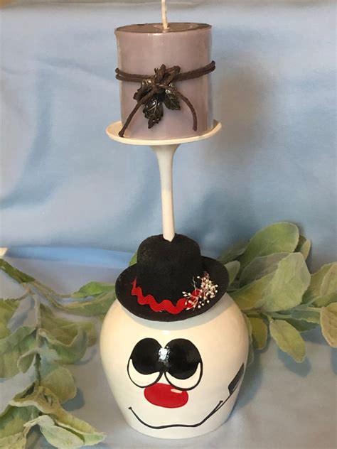 Hand Painted Snowman Upside Down Wineglass Candle Holder Wineglass