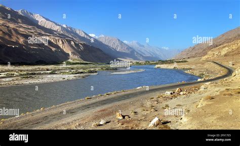 Panj river and Pamir mountains. Panj is upper part of Amu Darya river ...